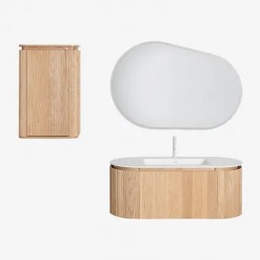 Conjunto Vaniteitmeubel 120x50 Cm Zwevend In Hout Met Geïntegreerde Wasbak Carsone Natuurlijk Hout & Natuurlijk Hout & Ovaal Led En Anticondens 120x80