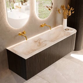 Mondiaz Kurve-dlux 145cm badmeubel ronding rechts shadow met 1 lade en deur en wastafel leaf dubbel/links zonder kraangat frappe
