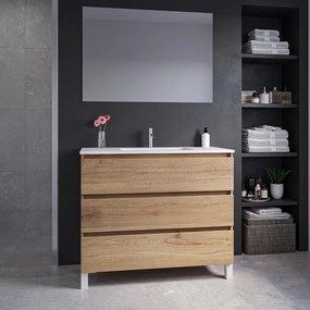 Adema Chaci PLUS Badkamermeubelset - 100x86x46cm - 1 rechthoekige keramische wasbak wit - 1 kraangat - 3 lades - rechthoekige spiegel - eiken SW1212803/SW804532/SW724612