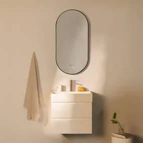 Badkamermeubelset Van Hout En Essenhoutfineer Met Geïntegreerde Wastafel Ona Wit & Ovale Led En Anticondens Zwart 50x100 Cm Asteiro - Sklum