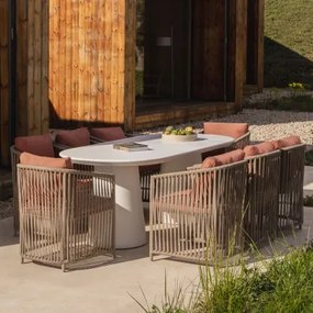Set Van 220x95 Cm Ovale Tafel In Noemi Cement En 8 Sophie Tuinstoelen Met Aluminium Armleuningen En Gevlochten Touw Rood – Klei - Bruin - Mokka -