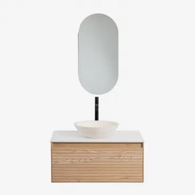 Tedrik Zwevend Badkamermeubelset Van Essenhout Ash Brown & Rond Cement Wit Ø40 Cm Zavion & Ovaal Met Opbergruimte 45x90 Cm Abner & Zwart - Sklum