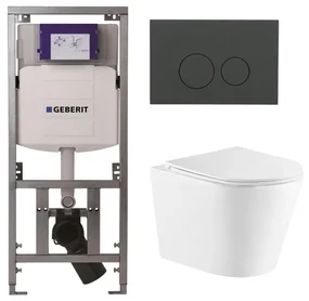 QeramiQ Dely Toiletset - 36.3x51.7cm - diepspoel - rimless - Geberit UP320 Burda inbouwreservoir - softclose toiletzitting - bedieningsplaat mat antraciet - ronde knoppen - wit glans SW543431/0701131/SW1102376