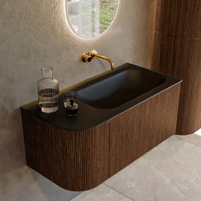 Mondiaz Kurve 95cm badmeubel ronding links walnut met 1 lade en deur en wastafel big small rechts zonder kraangat urban