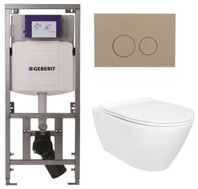 QeramiQ Salina Toiletset - rimless - Geberit inbouwreservoir - diepspoel wandcloset - softclose - quickrelease - bedieningsplaat taupe - ronde knoppen - wit 0701131/SW96855/SW96857/SW1102378