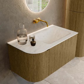 Mondiaz Kurve-dlux 85cm badmeubel ronding links dusk met 1 lade en deur en wastafel cloud rechts zonder kraangat opalo