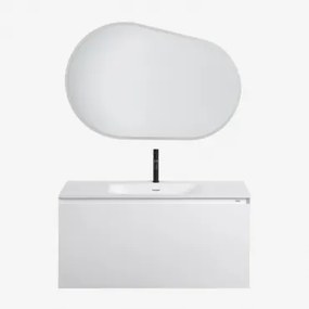 Macrae Zwevend Houten Badkamermeubelset Met Geïntegreerde Wastafel Wit & Ovaal Led En Anticondens 100x80 Cm Riben & Mat Zwart ↑20 Cm Met Afvoerkraan M