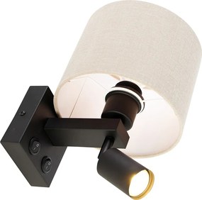 Wandlamp zwart met leeslamp en kap 18 cm lichtbruin - Brescia
