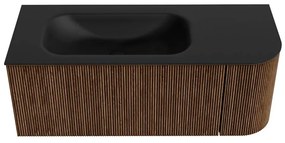 Mondiaz Kurve 115cm badmeubel ronding rechts walnut met 1 lade en deur en wastafel big small kraangat links urban