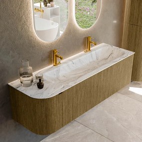 Mondiaz Kurve-dlux 145cm badmeubel ronding links dusk met 1 lade en deur en wastafel big large rechts 2 kraangaten glace