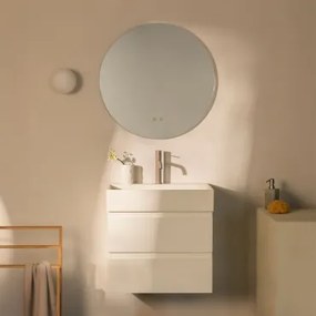 Badkamermeubelset Van Hout En Essenhoutfineer Met Geïntegreerde Wastafel Ona Wit & Round Led And Antifog Ø70 Cm Solyn & Bruin - - Sklum
