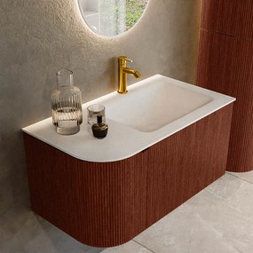 Mondiaz Kurve 85cm badmeubel ronding links ruby met 1 lade en deur en wastafel cloud kraangat rechts