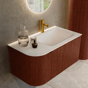 Mondiaz Kurve 85cm badmeubel ronding links ruby met 1 lade en deur en wastafel cloud kraangat rechts