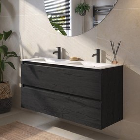 Saqu Gaia badmeubel incl. dubbele glans witte keramische wastafel 120x51x61cm eiken zwart – zwarte greeplijst