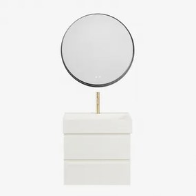 Ona Zwevend Badkamermeubelset Van Hout En Essenfineer Met Geïntegreerde Wastafel Wit & Round Led And Antifog Zwart Ø80 Cm - Sklum