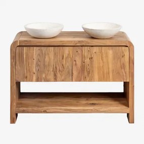 Vacry Houten Badkamermeubelset Acacia Bruin & 2 X Rond Wit Cement Ø40 Cm Zavion & Spiegelloze & Zonder Kraan & ↔︎ 120 Cm - Sklum