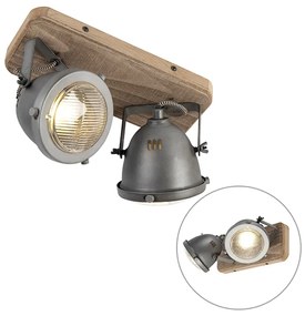 Industriële Spot / Opbouwspot / Plafondspot staal met hout kantelbaar 2-lichts - Emado Industriele / Industrie / Industrial GU10 Binnenverlichting Lamp