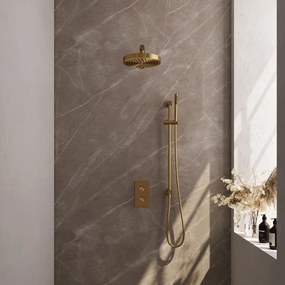 Brauer Stripe inbouw regendouche met 25cm hoofddouche, met rechte muurarm, glijstang en staafhanddouche set 19 messing geborsteld PVD