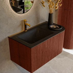 Mondiaz Kurve 85cm badmeubel ronding rechts ruby met 1 lade en deur en wastafel cloud kraangat links urban