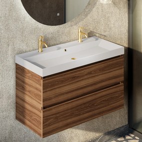Fontana Kolo wastafelmeubel walnoot 100cm glans witte wastafel 2 kraangaten