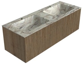 Mondiaz Kurve-dlux 130cm badmeubel dusk met 2 lades en wastafel leaf dubbel 2 kraangaten glace