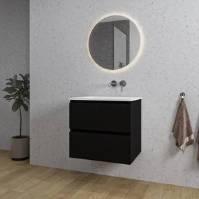 Adema Chaci Badkamermeubelset - 60x46x57cm - 1 keramische wasbak wit - zonder kraangaten - 2 lades - ronde spiegel met verlichting - mat zwart SW1212760/SW773925/SW108325