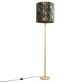 Vloerlamp hout met velours lampenkap blad dessin met gouden binnenkant - Mels Klassiek / Antiek, Landelijk E27 rond Binnenverlichting Lamp