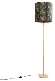 Vloerlamp hout met velours lampenkap blad dessin met gouden binnenkant - Mels