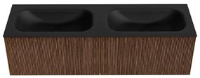 Mondiaz Kurve 150cm badmeubel walnut met 2 lades en wastafel big small dubbel 2 kraangaten urban