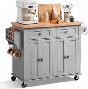 VEVOR Keukeneilandtrolley met 2 lades en 2 deuren, verrijdbaar keukeneiland, grijs, keukentrolley met kruidenrek, handdoekrek en tafelblad (900 x 450 x 27 mm) voor eetkamer, keuken, serveerwagen