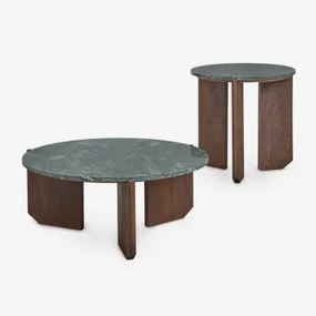 Set Van 2 Ronde Salontafels In Natuursteen En Mangohout Lavinia Groen Marmer Udaipur & Donker Handvat Hout - Sklum