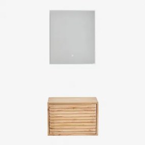 Hangend Badkamermeubelset 60x45 Cm In Hout Deleyna Natuurlijk Hout & Without Sink & Rechthoekige Led En Anticondens 60x70 Cm Riben & Zonder Kraan -