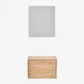 Hangend Badkamermeubelset 60x45 Cm In Hout Deleyna Natuurlijk Hout & Zonder Wastafel & Rechthoekige Led En Anticondens 60x70 Cm Riben & Zonder Kraan -