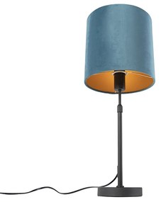 Stoffen Tafellamp zwart met velours kap blauw met goud 25 cm - Parte Klassiek / Antiek E27 cilinder / rond rond Binnenverlichting Lamp