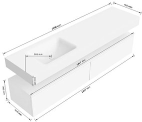 Zaro Alan badmeubel 180cm sand 2 lades met vrijhangende wastafel cloud links 1 kraangat urban