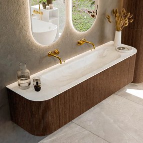 Mondiaz Kurve-dlux 170cm badmeubel ronding links/rechts walnut met 1 lade en 2 deuren en wastafel big large midden zonder kraangat ostra