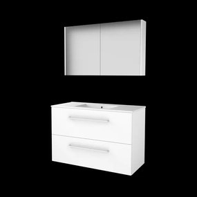 Basic-Line Comfort 46 badkamermeubelset - 100x46cm - met grepen - 2 lades - porseleinen wastafel - 1 kraangat - Spiegelkast - MDF lak Ice White 1810219