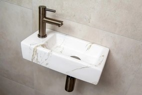 Mueller Mini Apa fonteinset links met wit marmeren fontein en verouderd messing kraan