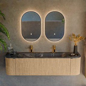 Mondiaz Kurve-dlux 170cm badmeubel ronding links/rechts oak met 1 lade en 2 deuren en wastafel big large midden 2 kraangaten lava