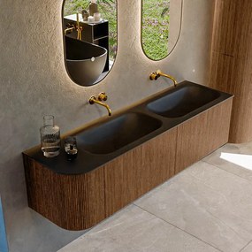 Mondiaz Kurve 165cm badmeubel ronding links walnut met 2 lades en 1 deur en wastafel big small dubbel/rechts zonder kraangat urban