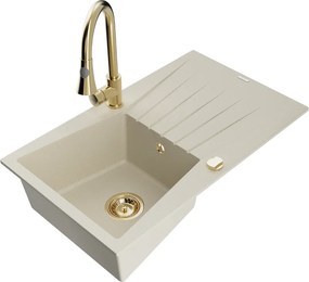 Mexen Cesar granieten gootsteen 1-komorige met afdruiprek en keukenkraan Elia, beige - 6514-69-670101-50
