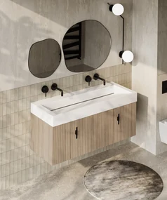Muebles Calas badmeubel ribbelfront 120cm naturel eiken met solid surface wastafel zonder kraangaten