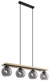 Moderne hanglamp zwart met hout en smoke glas 4-lichts - Aleks