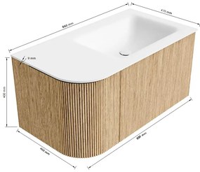 Mondiaz Kurve 85cm badmeubel ronding links walnut met 1 lade en deur en wastafel cloud rechts zonder kraangat urban