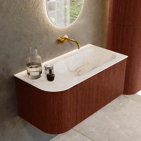 Mondiaz Kurve-dlux 95cm badmeubel ronding links ruby met 1 lade en deur en wastafel big small rechts zonder kraangat frappe