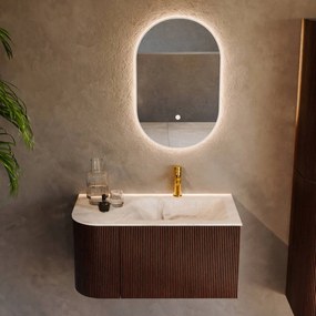 Mondiaz Kurve-dlux 85cm badmeubel ronding links ruby met 1 lade en deur en wastafel cloud kraangat rechts frappe