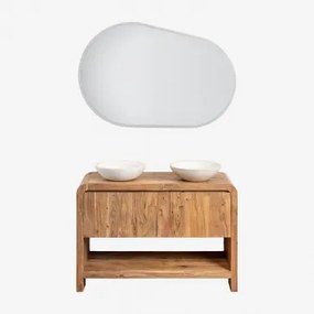Vacry Houten Badkamermeubelset Acacia Bruin & 2 X Rond Wit Cement Ø40 Cm Zavion & Ovaal Led En Anticondens 120x80 Cm Riben & Zonder Kraan & ↔&# -