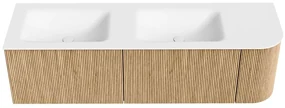 Mondiaz Kurve 155cm badmeubel ronding rechts oak met 2 lades en 1 deur en wastafel cloud dubbel/links 2 kraangaten