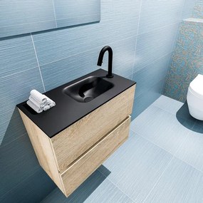 MONDIAZ ADA Toiletmeubel - 60x30x50cm - 1 kraangat - 2 lades - washed oak mat - wasbak rechts - Solid surface - Zwart FK75342327