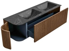 Mondiaz Kurve-dlux 145cm badmeubel ronding links walnut met 1 lade en deur en wastafel leaf dubbel/rechts 2 kraangaten lava